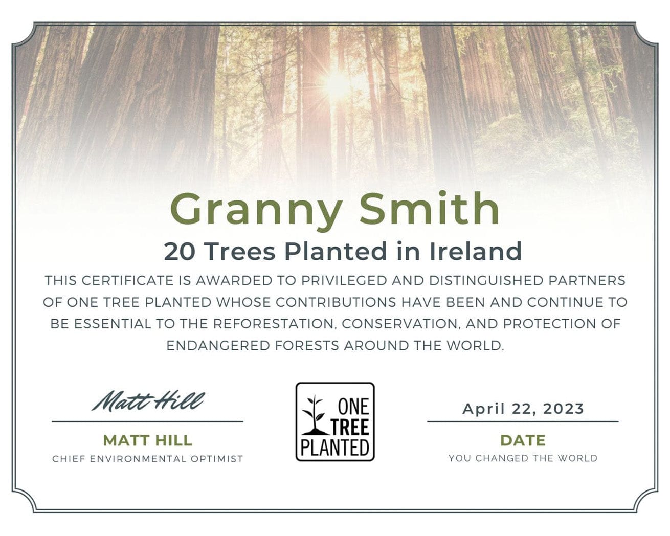 Ireland Tree Certificate