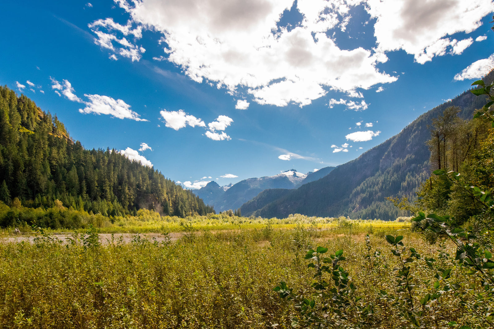 british columbia bright blue sky clouds mountains