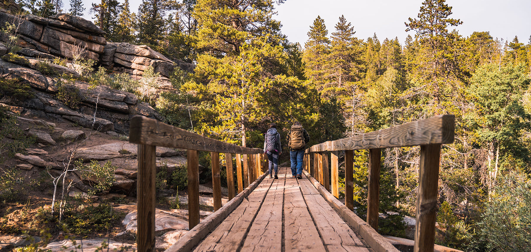 two hikers crossing bridge together nature