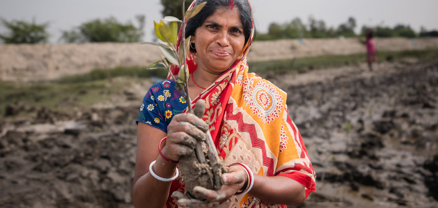 woman tree planter holding sapling India