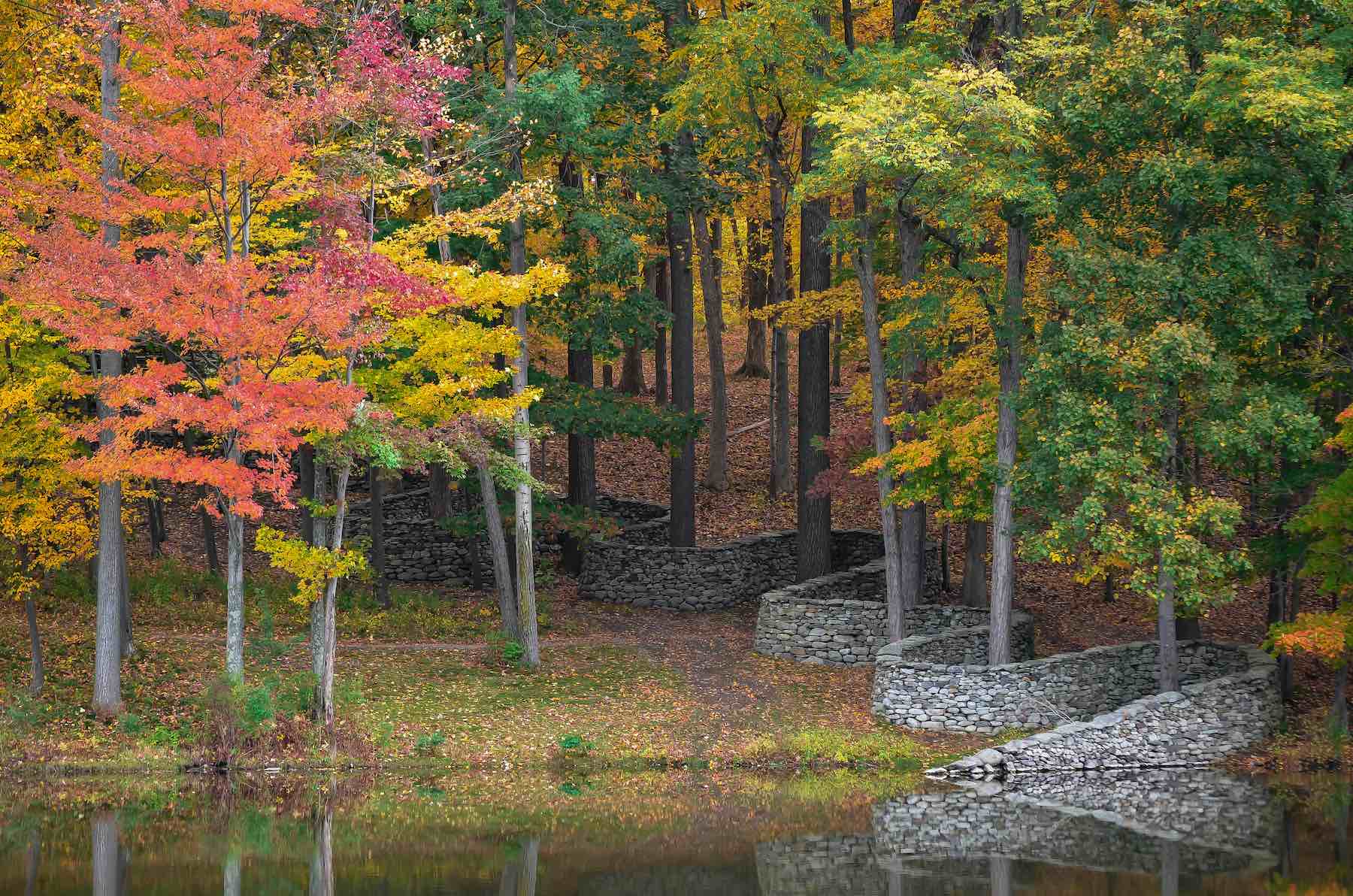 Autumn forest with stone wall and colorful trees reflected in a pond