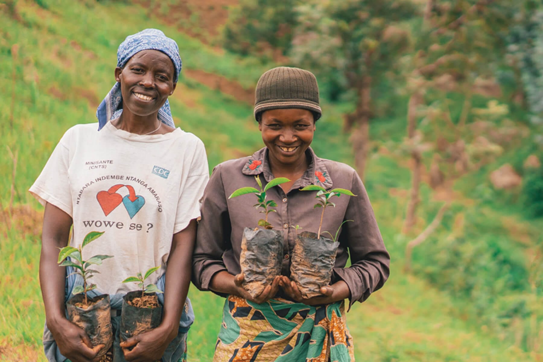 Community Africa volunteers holding saplings