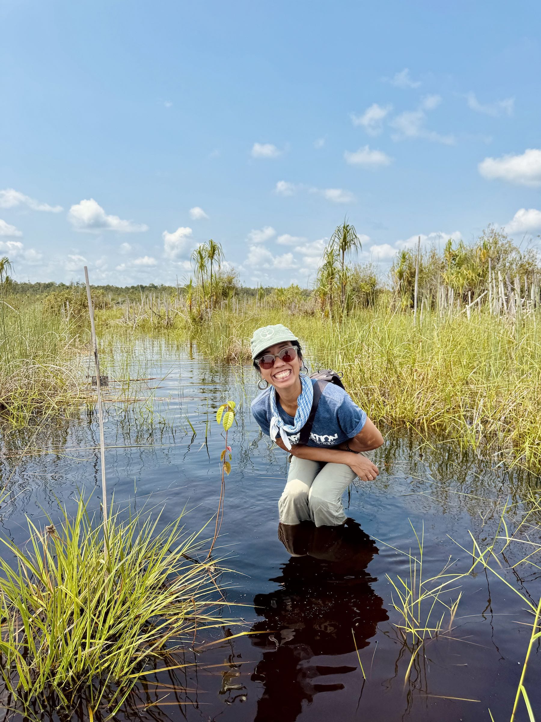 Person crouching in a peat swamp near a newly planted tree with tall grass and a blue sky.