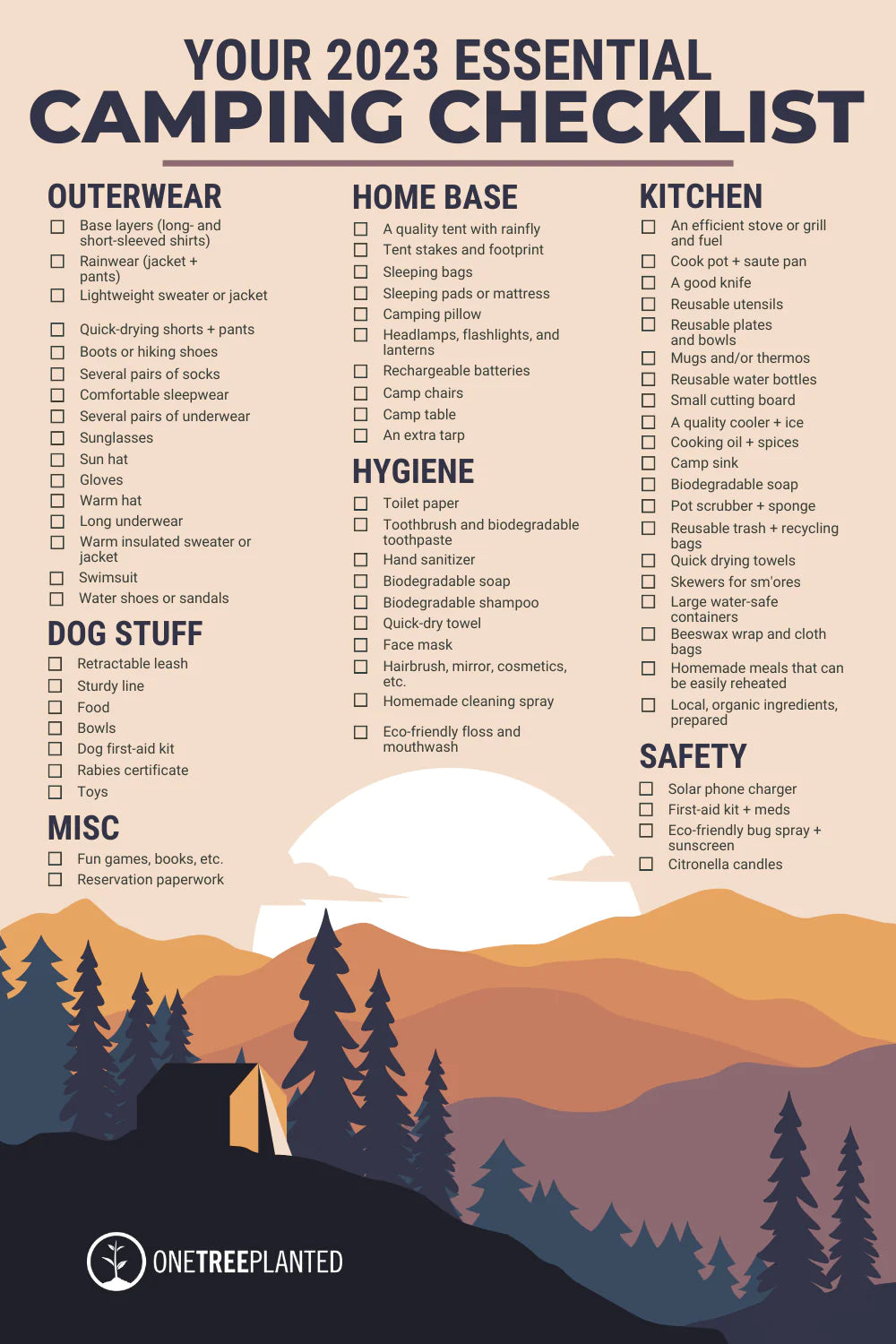 Your 2023 Essential Camping Checklist and Sustainable Camping Guide - One  Tree Planted