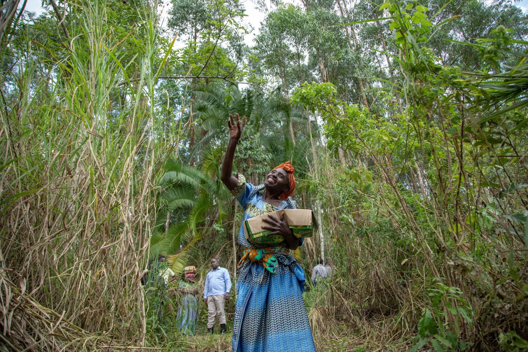 Woman in a blue dress and orange hat holding a box in a forested area with other people in the background.