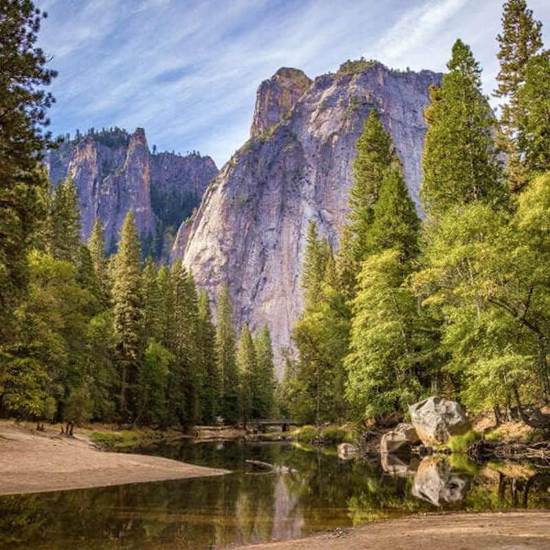 Mountains, trees, and river
