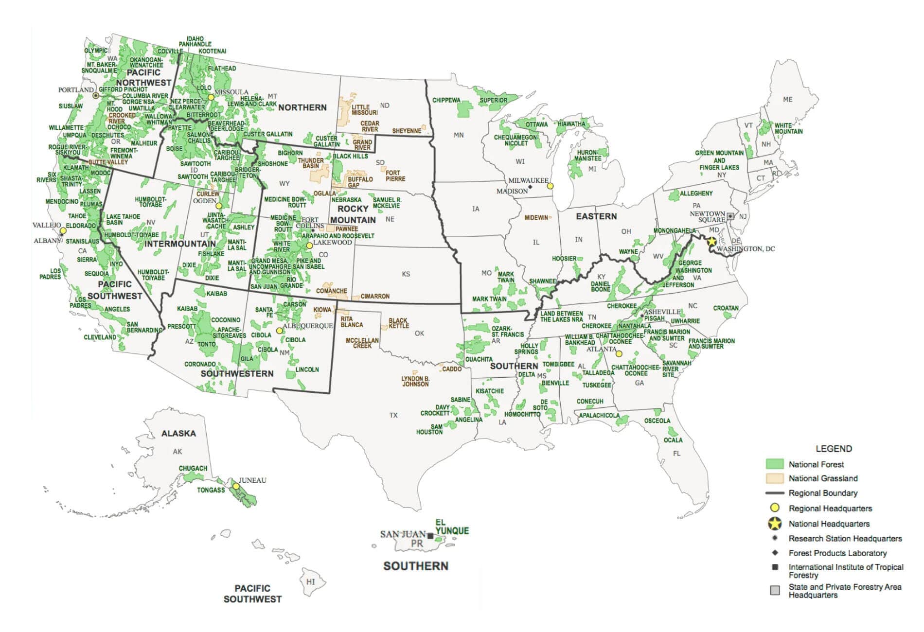 Map of the United States with various locations marked in green.