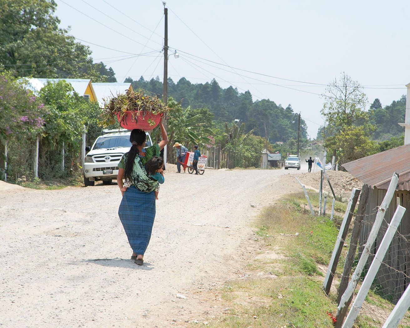 Woman carrying trees and child in Guatemala
