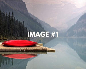 Custom greeting card image 1 - boat on a dock with mountains and trees 