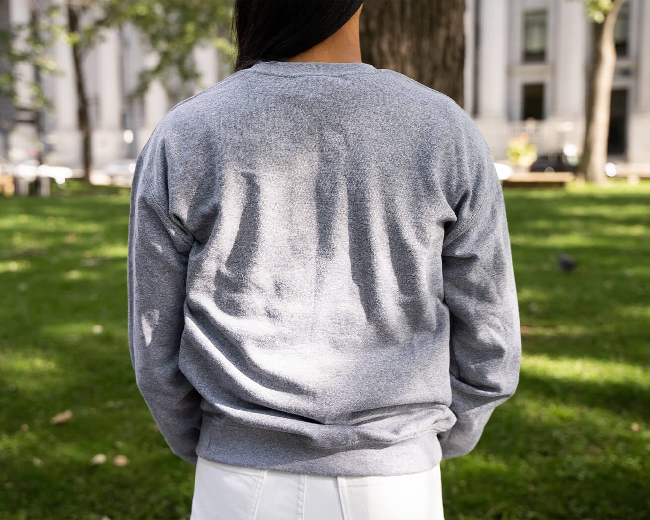 Back of crewneck sweatshirt